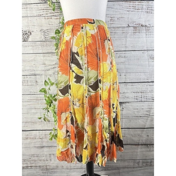 Coldwater Creek Skirt Petite Large Yellow Orange Floral Sheer Midi A Line Boho - Picture 2 of 16